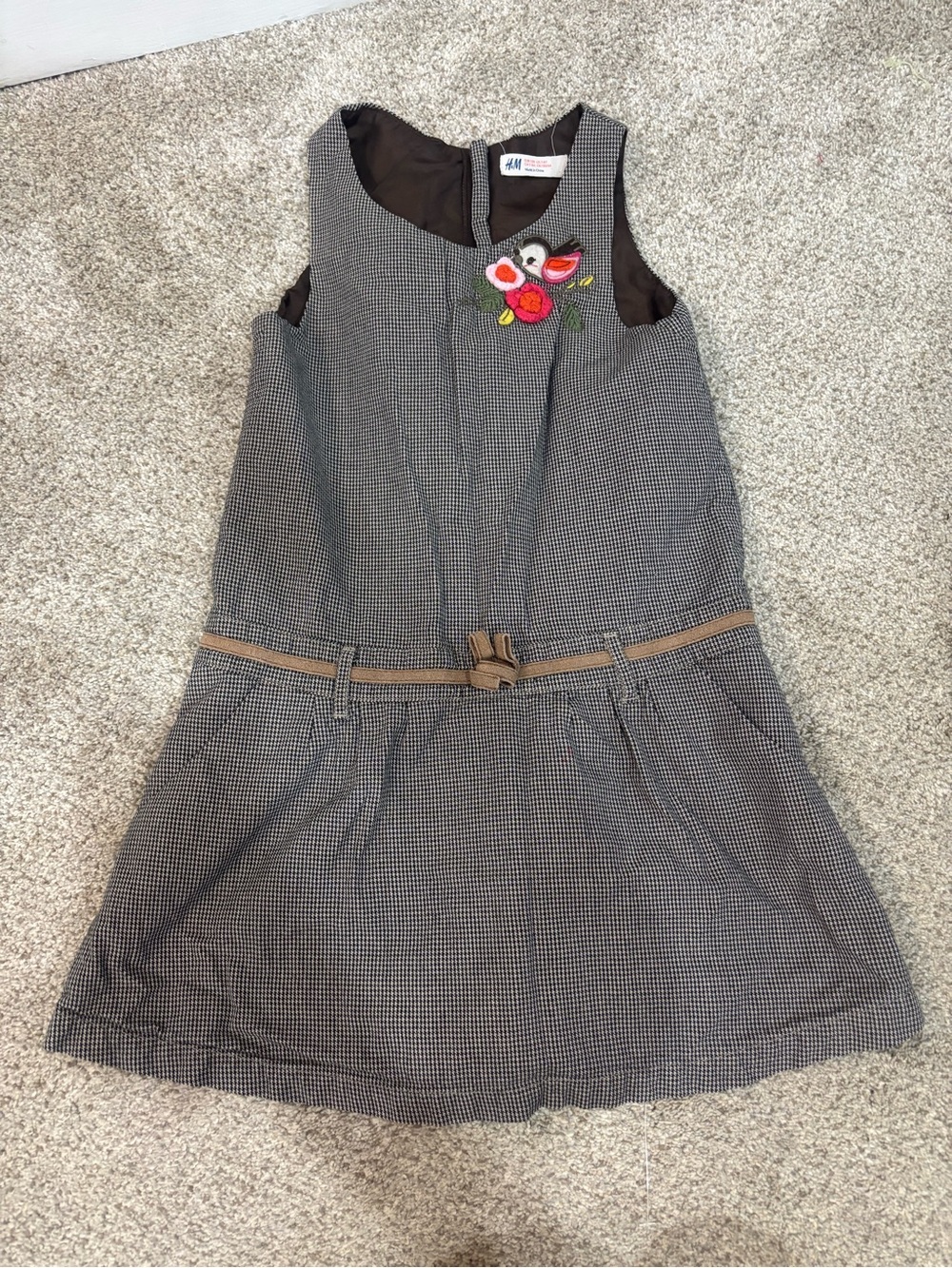 Vintage H&M Girls Brown Wolftooth Cotton Dress Bird Floral Fall Lined 7-8 years